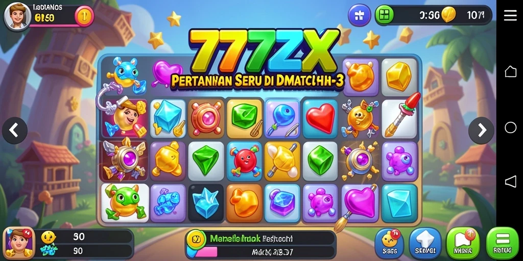 Screenshot gameplay 777ZX menunjukkan kombinasi blok warna-warni untuk mencocokkan.