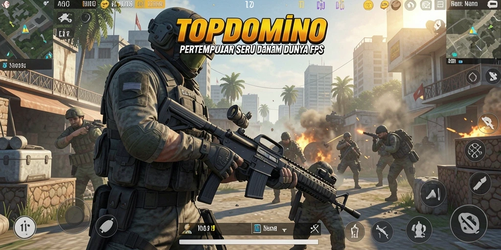 Tangkapan layar utama TOPDOMINO menunjukkan aksi penuh adrenalin di lapangan perang FPS.