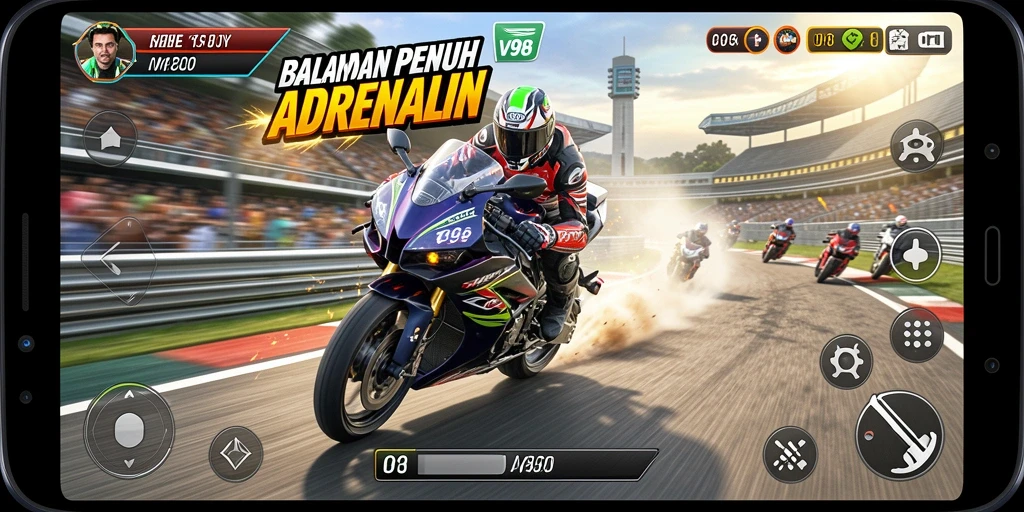 Screenshot gameplay V98 menampilkan balapan motor yang seru dan realistis.